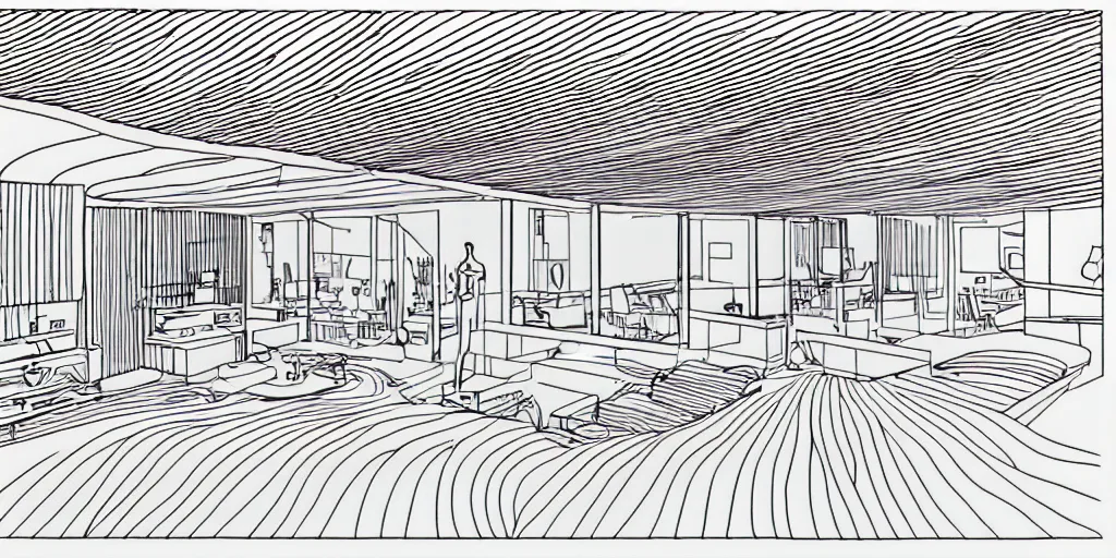 Image similar to modernist interior, seen from above, by René Laloux, line brush, minimal line drawing, full colour, coloured background