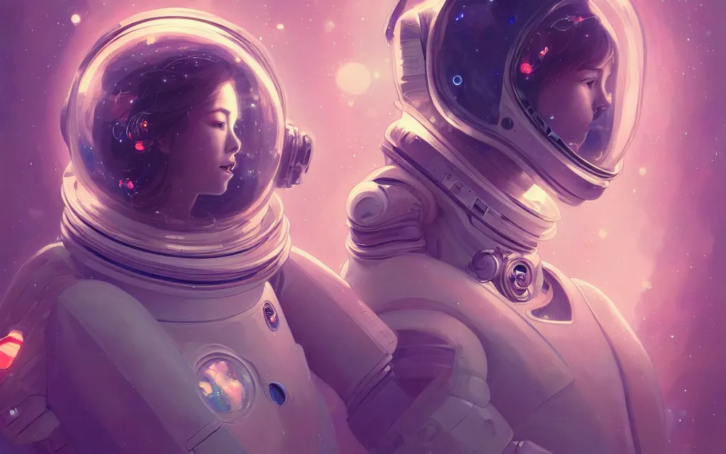 Image similar to portrait armored astronaut girl floating at space, ssci-fi, neon light and fantasy, intricate and very very beautiful and elegant, highly detailed, digital painting, artstation, concept art, smooth and sharp focus, illustration, art by tian zi and WLOP and alphonse mucha