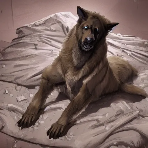 Image similar to a wounded humanoid german shepherd beast - man in military style, sitting on the carpeted floor beside a bed, highly detailed portrait, digital painting, artstation, concept art, smooth, sharp foccus ilustration, artstation