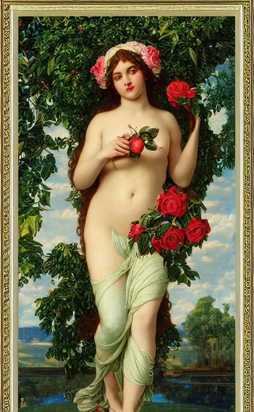 Prompt: beautiful oil painting of the goddess Aphrodite holding a rose, ornate golden design background frame, leaf clothing, colourful apples, roses, plants, by John William Godward and Anna Dittman, masterpiece