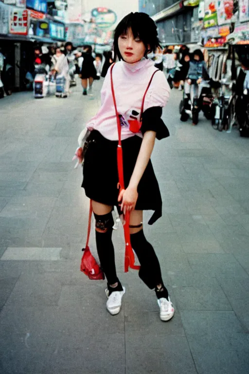 Image similar to a 1 9 9 0 s street fashion photograph of a young japanese woman in 9 0 s fashion, uncropped photograph, in bubble era tokyo ueno, shot on cinestill 5 0 d with a canon 2 8 mm at f / 5. 6 lens, print magazine quality!!, very highly photorealistic, nineties nostalgia!!!, 4 k