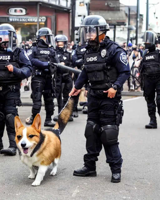 Image similar to a corgi police dogs wearing tactical k 9 gear, crowd control. riots