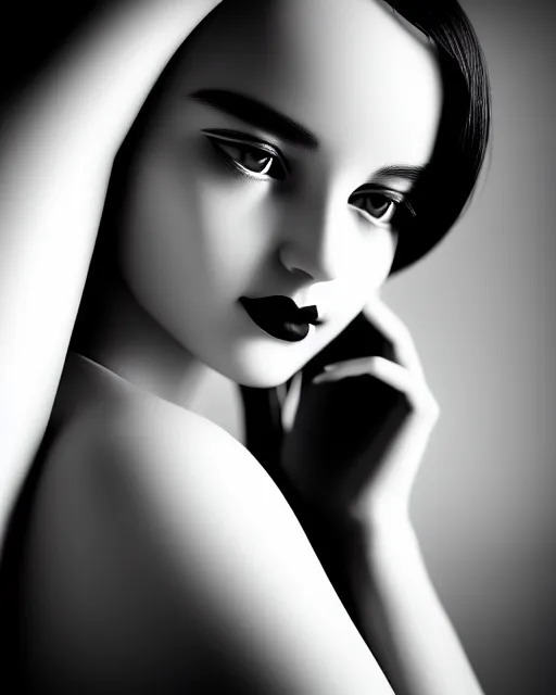 Image similar to black and white dreamy young beautiful female artificial intelligence, cinematic, rim light, photo - realistic, elegant, high detail, 8 k, masterpiece, photo taken in 1 9 3 0