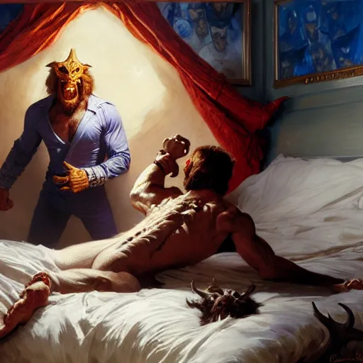 Image similar to chuck norris is in his bed, nervous and terrified, because a double horned shadow figure from hell is attacking him. highly detailed painting by gaston bussiere, j. c. leyendecker, greg rutkowski, craig mullins 8 k