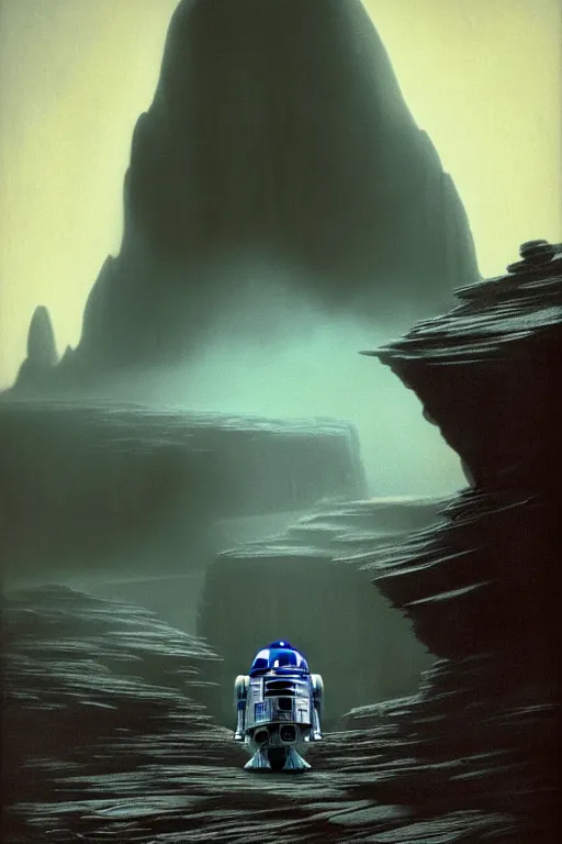 Prompt: r 2 d 2 at the front of a cave, smoke, apocalyptic moody style by rob zombie by arthur haas and bruce pennington and john schoenherr, cinematic matte painting, zaha hadid building, photo realism, dark moody color palate, blue hour stars, desolate glacial landscape,