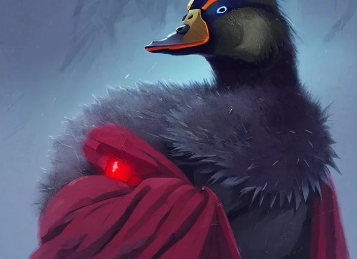 Image similar to cute fluffy mallard duck with vampire fangs wearing red cultist robe, details, cyberpunk, epic, sacrificial altar, landscape illustration concept art anime key visual trending pixiv fanbox by wlop and greg rutkowski and makoto shinkai and studio ghibli and kyoto animation symmetrical facial features