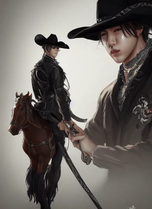 Image similar to a highly detailed illustration of bts v as focused cowboy wearing black cowboy hat, dramatic wielding gun pose, perfect face, intricate, elegant, highly detailed, centered, digital painting, artstation, concept art, smooth, sharp focus, league of legends concept art, wlop