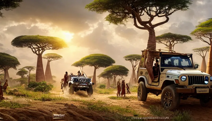 Image similar to mahindra thar driving through madagascar with baobabs trees, tribe members chasing for an attach, action scene, an epic fantasy, artgerm and greg rutkowski and alphonse mucha, an epic fantasy, volumetric light, detailed, establishing shot, an epic fantasy, cinematic, photorealistic, ultrarealistic, trending on art station, octane render, midsommar