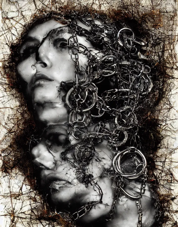 Prompt: chained and locked depravity, mixed media collage, assemblage, photomontage, oil painting, minimalist, contemporary art, punk art, photorealistic, portrait, expressionism, masterpiece, dynamic composition, spectacular quality, intricate details, shattered glass texture, chains, smoke, water, light vibrant