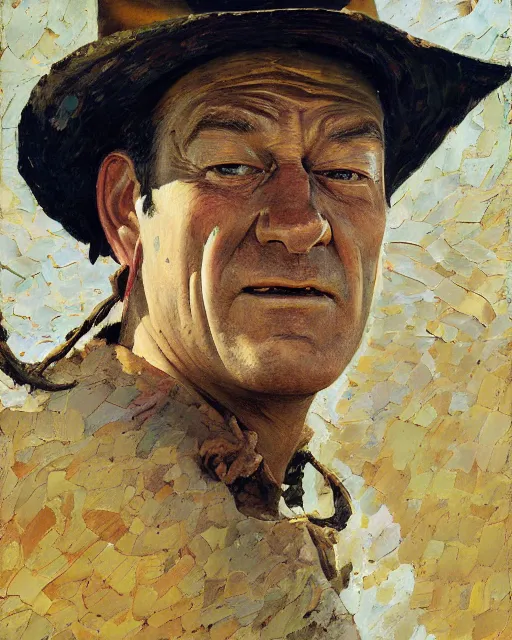 Prompt: painterly portrait, john wayne as a cowboy, impasto, fantasy, chuck close:7, carl spitzweg:7, cinematic light, full face, symmetrical face