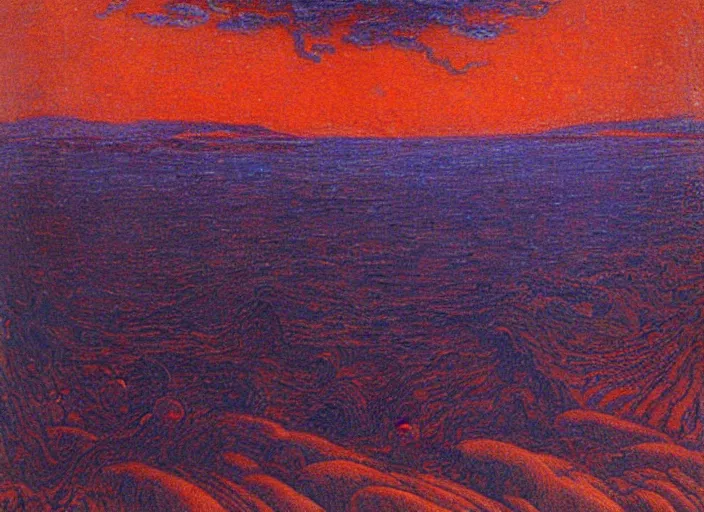 Prompt: a haunting landscape with wandering blobby orange wraiths, painting by jean delville,