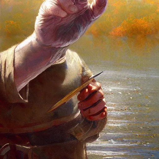 Image similar to a beautiful painting of a hand appearing from a lake holding a sword by james gurney, craig mullins