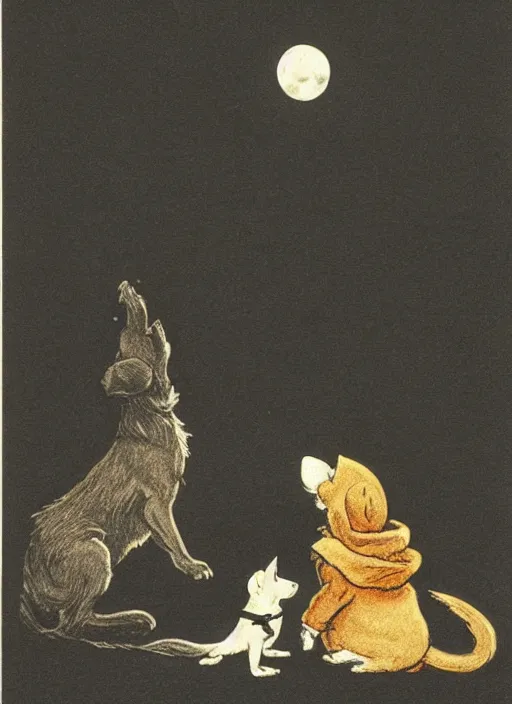 Image similar to jack russel dog silhouette howling at the moon, illustrated by peggy fortnum and beatrix potter and sir john tenniel