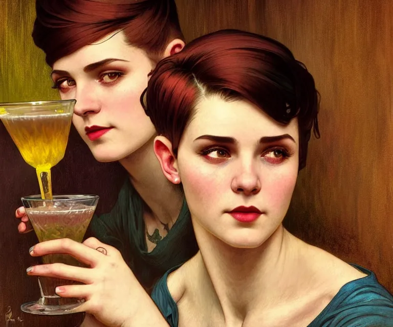 Prompt: character portrait of young woman as a beautiful barmaid, pixie cut with shaved side hair, dimly lit cozy tavern, dystopian 1920s soviet mood, intricate, wild, highly detailed, digital painting, artstation, concept art, smooth, sharp focus, illustration, art by artgerm and greg rutkowski and alphonse mucha, vibrant deep colors, 🍸, 8k octane beautifully detailed render, post-processing, extremely hyperdetailed, Art Nouveau, masterpiece