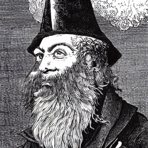 Image similar to A victorian portrait of a crazy wizard with a frizzy , long, gray beard and a chicken perching on top of his hat, dungeons and dragons, fantasy book illustration