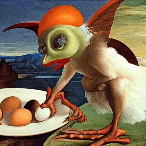 Image similar to a goblin bird with a plate of eggs and cookies, renaissance painting,