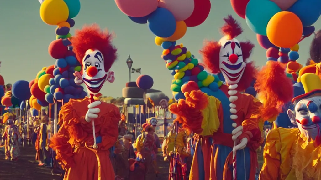 Prompt: the giants clowns at the fair, they tie a balloon animal, film still from the movie directed by denis villeneuve and david cronenberg with art direction by salvador dali and dr. seuss