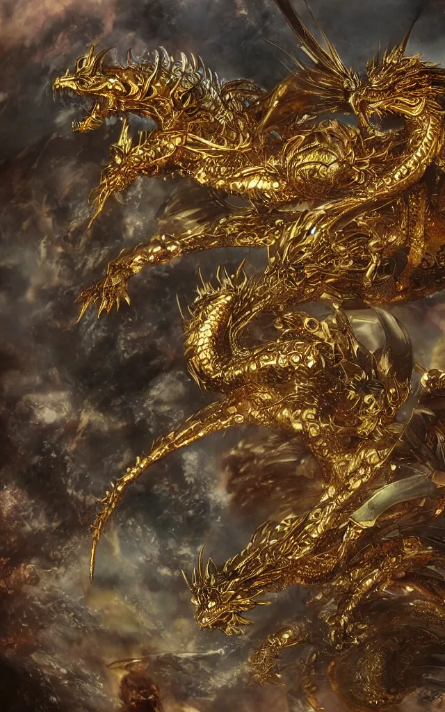 Image similar to by yoshitaka amano golden dragon, epic, legendary, cinematic composition, stunning atmosphere by yoshitaka amano