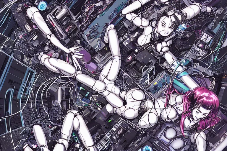 Image similar to a cyberpunk illustration of a group of female androids in style of masamune shirow, lying on an empty, white floor with their bodies scattered around in different poses and cables and wires coming out, by yukito kishiro and katsuhiro otomo, hyper-detailed, intricate, view from above