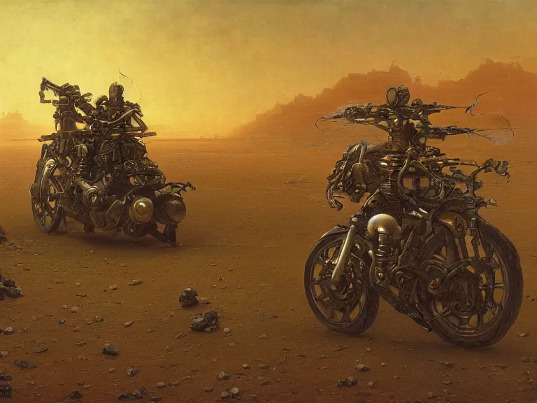 Image similar to a futuristic motorbike on an alien planet by beksinski carl spitzweg and tuomas korpi. baroque elements. baroque element. intricate artwork by caravaggio. Oil painting. Trending on artstation. 8k