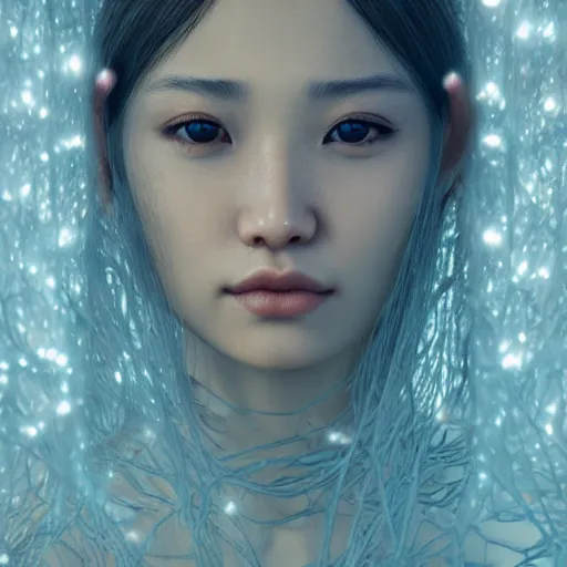 Image similar to intricate highly detailed face portrait of asian - european woman, light blue water vines on her face, intricate, cgsociety, unreal engine, octane render, sharp focus, smooth, volumetric lighting, cinematic composition, artstation