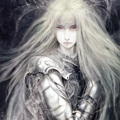 Image similar to yoshitaka amano blurred and dreamy realistic illustration of an anime girl with wavy white hair and cracks on her face wearing elden ring armour with the cape fluttering in the wind, abstract black and white patterns on the background, noisy film grain effect, highly detailed, renaissance oil painting, weird portrait angle