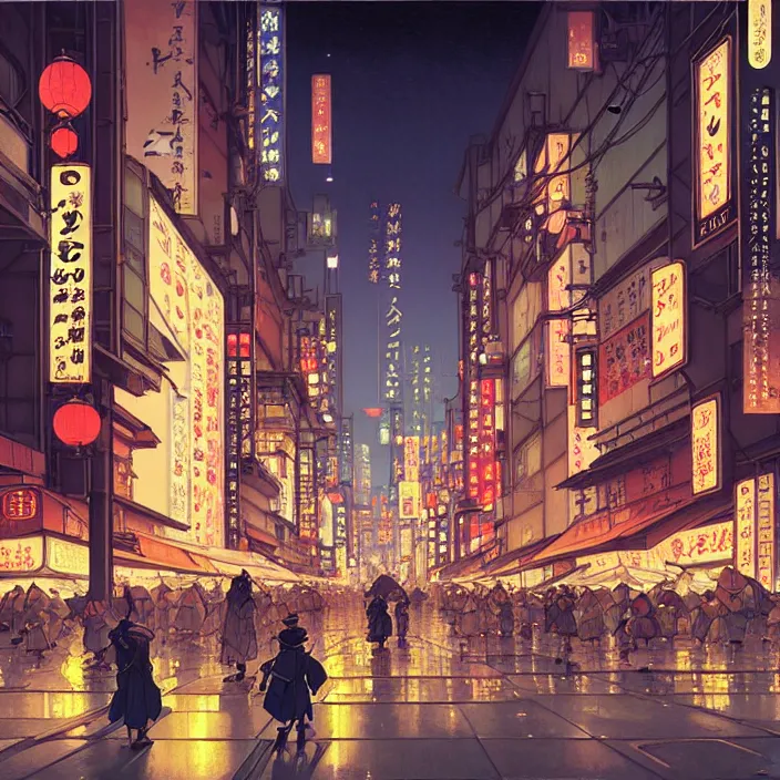 Image similar to empty tokyo at night, spring, in the style of studio ghibli, j. c. leyendecker, greg rutkowski, artem