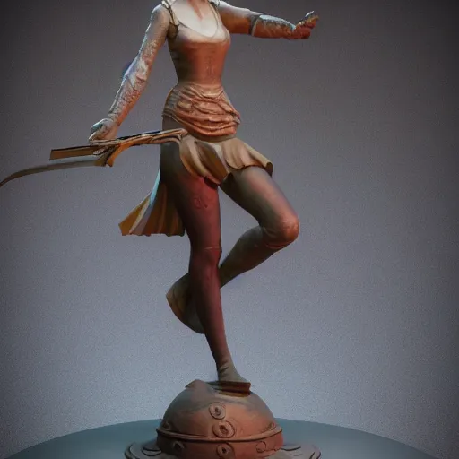 Image similar to highly detailed statue made of marbel, beautiful young woman, over exaggerated proportions, with a sword in her right hand, martial art pose, octane render, ripped cloth, volumetric lights, dramatic, highly detailed