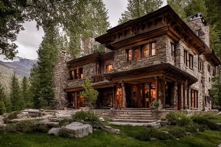 Image similar to a beautiful stone mansion in Aspen by Emmanuel Lubezki