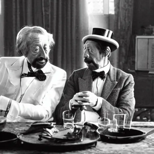 Prompt: jean rochefort and mathieu amalric, symmetric, realistic, realism, early 2 0 th century gentlemen, sitting at coffee table, smoking a cigar. top hat on the table