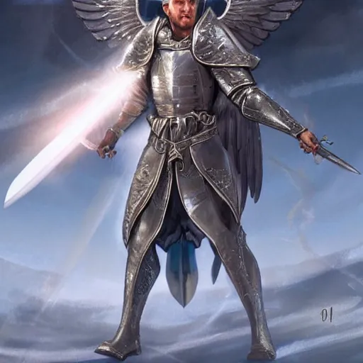 Image similar to An archangel man standing in a medieval battlefield holds a white fantasy sword above his head, light comes down from above and refracts off of the swords tip into shattered beam fragments around his body, artstation, award winning art, highly detailed incredible art