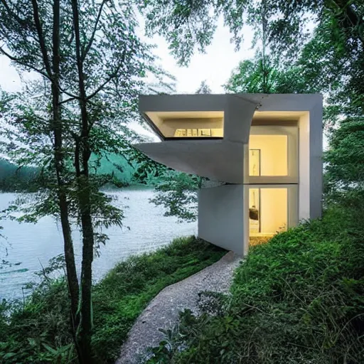 Prompt: cozy futuristic organic white concrete house in the middle of a lush amazonic forest at night, a beautiful lake next to it, starry sky
