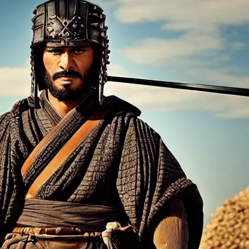 Image similar to handsome and strong! kurdish! samurai in a movie directed by christopher nolan, movie still frame, promotional image, imax 7 0 mm footage, perfect symmetrical facial features