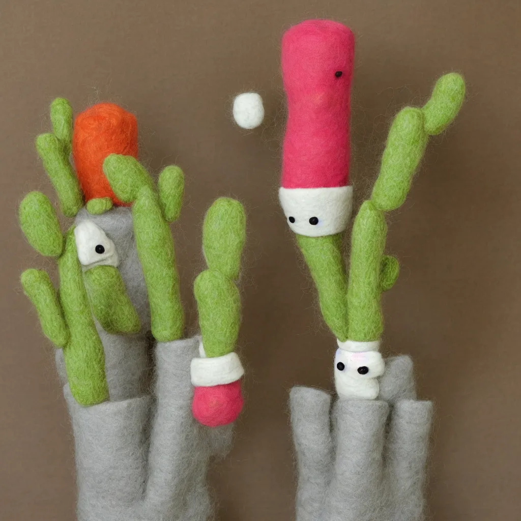 Image similar to a cactus character as a sock puppet, made of wool