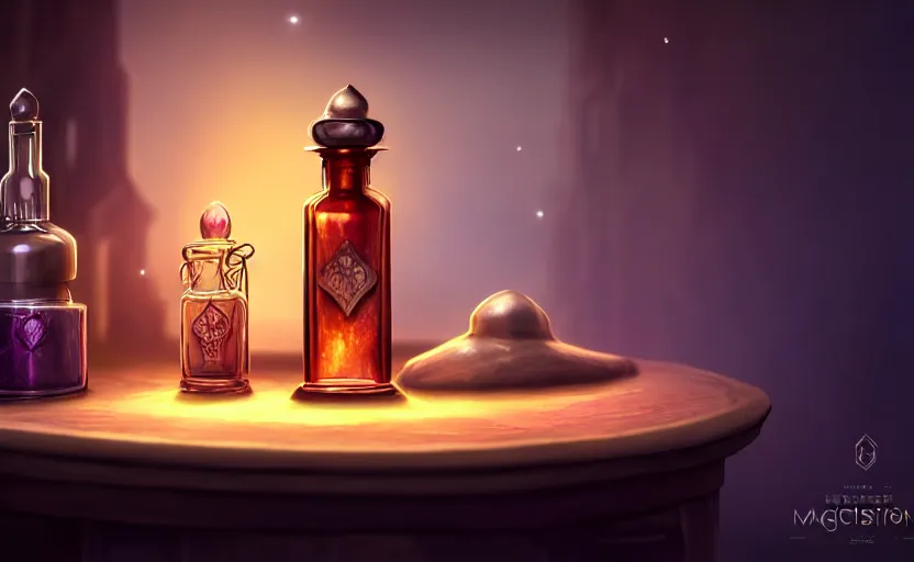 Image similar to a magic potion bottle on an alchemists table, dynamic lighting, ambient lighting, atmospherical, photorealistic fantasy concept art, trending on art station, stunning visuals, creative, cinematic, ultra detailed