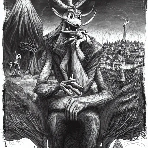 Image similar to 4 k headshot portrait of a psychedelic demonic anthropomorphic wendigo smoking a hand - rolled cigarette smoking heavily, magic mushroom village in background. award winning. superb resolution. in the art style of junji ito and greg rutkowski. detailed mushroom city in background. hyper realistic anime. perfect art. dalle 2