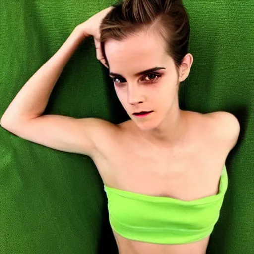 Prompt: a alien version of emma watson. hyper detailed. detailed eyes. green skin. pretty. sexy. hyper realistic. full body photography. trending on social media.