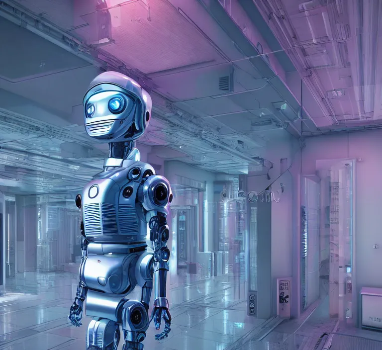 Image similar to hyperrealism colour stock photography of highly detailed stylish robot in sci - fi style by gragory crewdson and katsuhiro otomo, mike winkelmann with many details by josan gonzalez working at the highly detailed data center by mike winkelmann and laurie greasley hyperrealism stock photo on dsmc 3 system rendered in blender and octane render