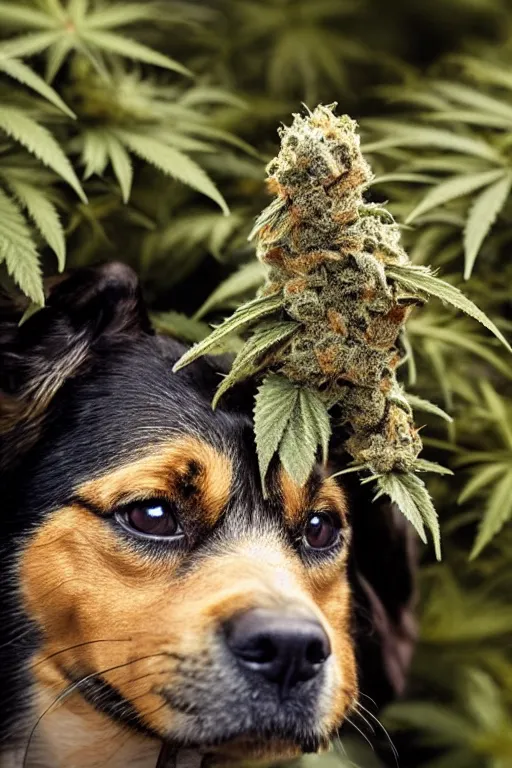 Image similar to national geographic professional photo of a cannabis dog, award winning, 4 k, highly detailed