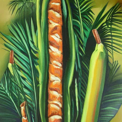 Prompt: baguettes on a banana palm, intricately detailed acrylic painting