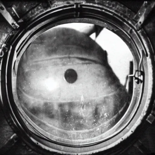 Prompt: an old black and white photo of a nightmarish lovecraftian horror seen through the porthole of a submarine, underwater, creepy, scary, dark,