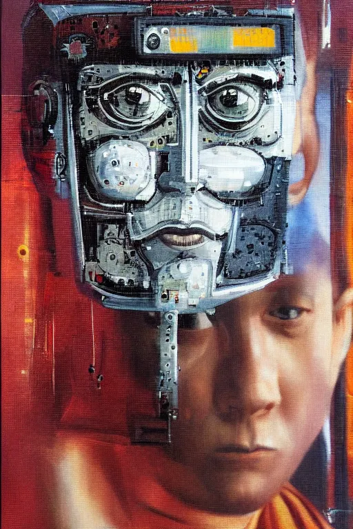 Image similar to robot monk painting a self - portrait on a canvas. intricate, highly detailed, photorealistic, film still, by christopher doyle.