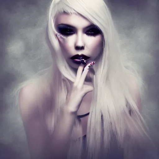 Image similar to modeling photograph kerli koiv, blonde, beautiful, dark, mysterious, bubble goth, detailed face, half body shot, fog dramatic, teen