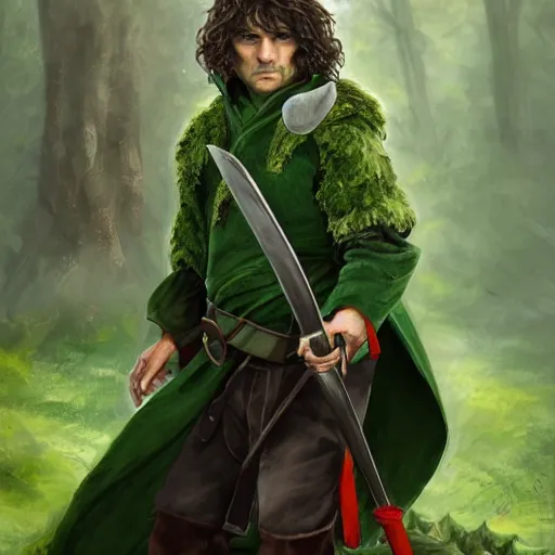 Prompt: a clean shaven rugged warrior hobbit in leather armor with very short hair and a dark green cloak and dark green hood hiking through the forest with his pet dark red dragon, trending on artstation, realistic, detailed, by Tony Sart