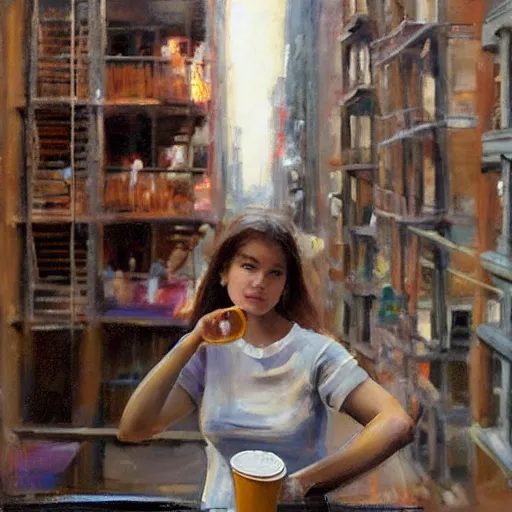 Image similar to “ a girl holding a cup of coffee sitting on a fire escape overlooking the east village in new york city, morning light, by daniel gerhartz ”