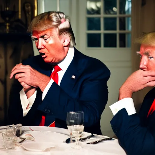 Image similar to Donald Trump and Joe Biden having a romantic dinner date at a fancy fetish restaurant, award winning photography, 85mm, perfect faces