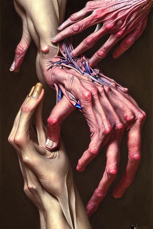 Prompt: human hand artists anatomy in the style of wayne barlowe, gustav moreau, goward, bussiere, roberto ferri, santiago caruso, luis ricardo falero, dali