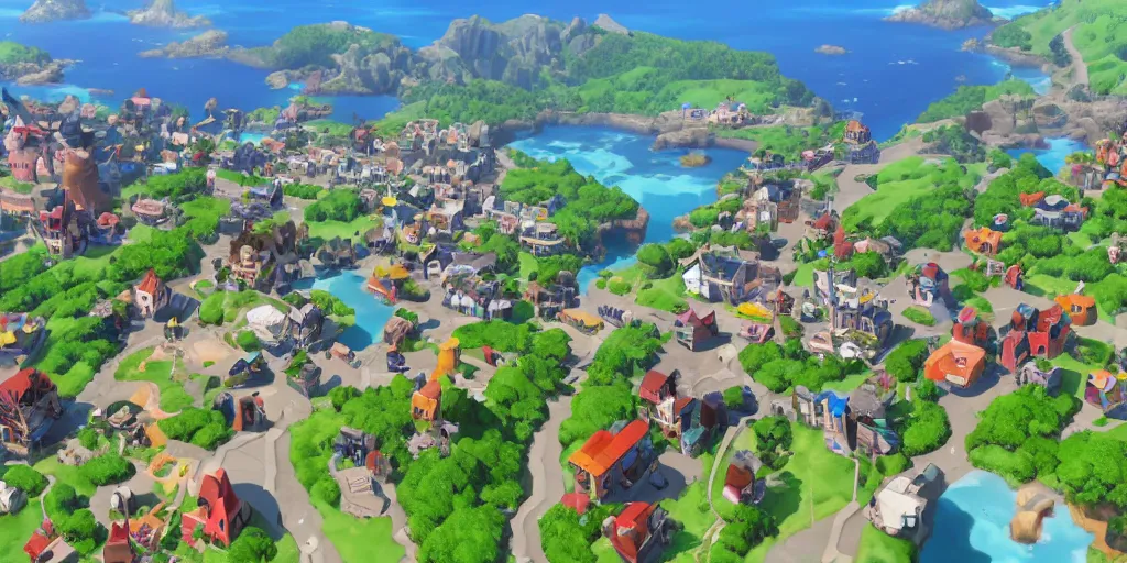 Image similar to medium sized coastal town in a video game similar to pokemon sword and shield. varied height level terrain, overview