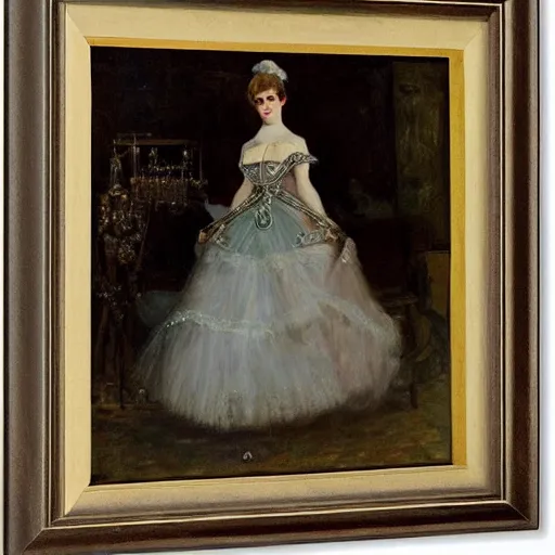 Image similar to young lady in a steampunk ballroom dress by alfred stevens