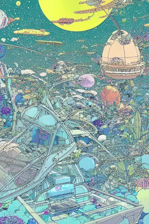 Image similar to multi level botanical garden spaceship floating in space, calm, tranquil, faded effect, detailed, vaporwave colors, by geof darrow, geof darrow art,